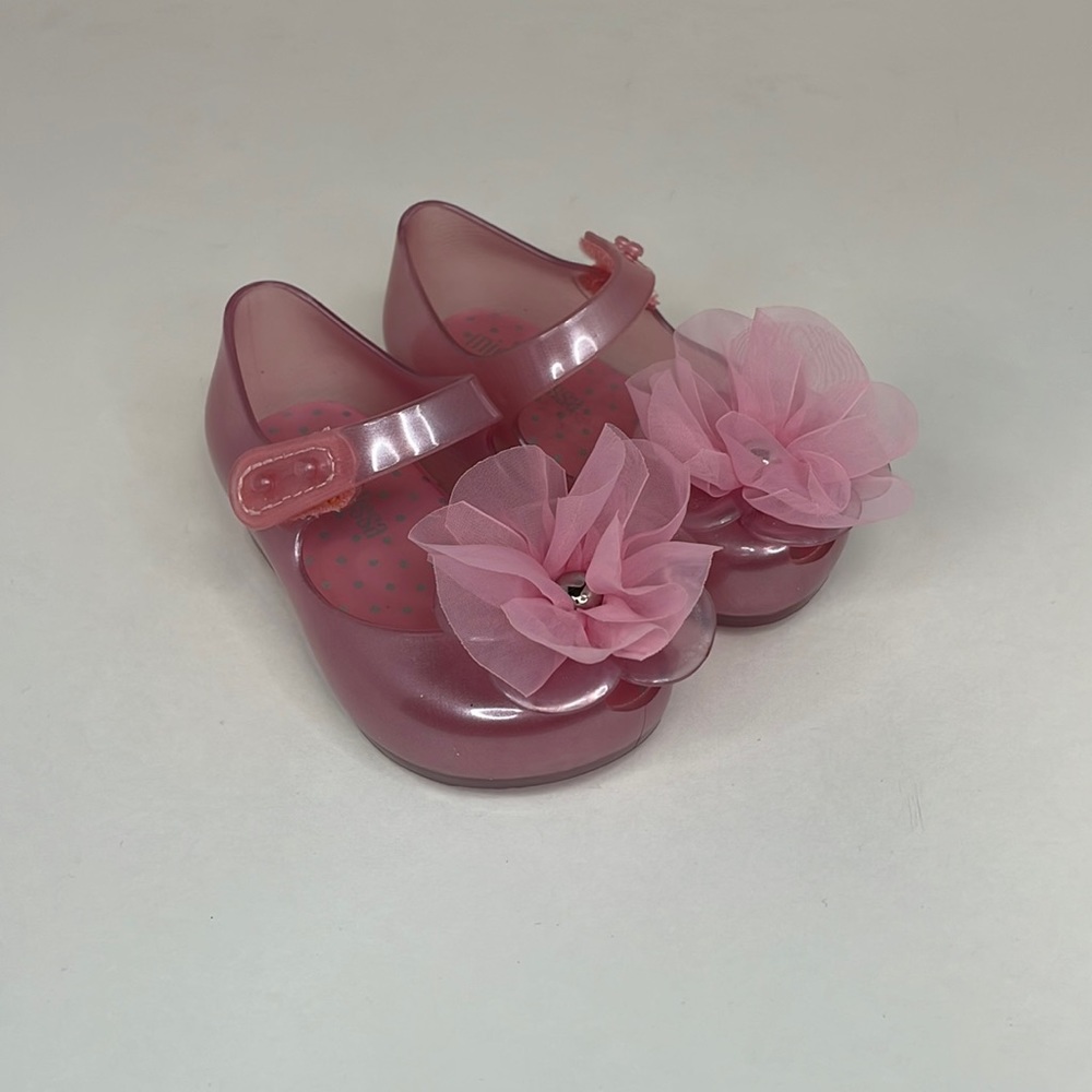New Mini Melissa Ultragirl Chic BB Pink Ballet Flats With Flower Size 5 Baby